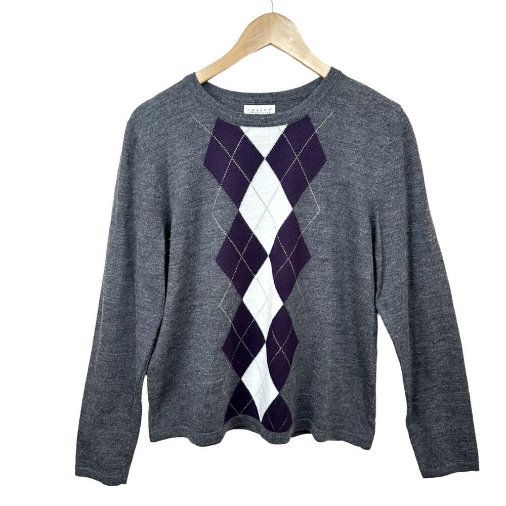 TWEEDS 100% Merino Wool Sweater Button Shoulder Gray Purple White Women’s Sz XL